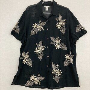 Vintage Avenue Black Tan Floral Embroidered Sheer Chiffon Button Down size 14/16